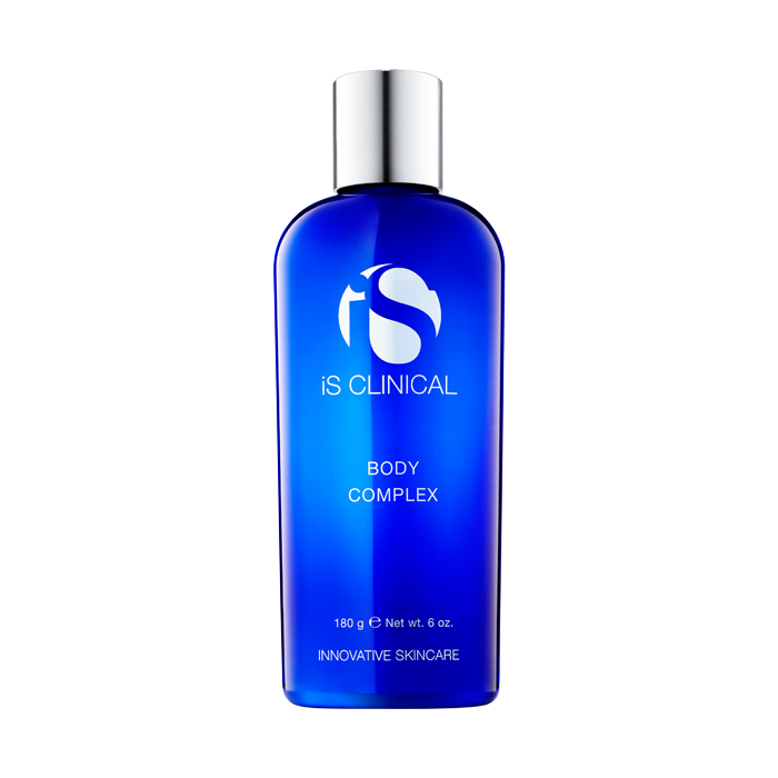 A blue bottle of IS Clinical Body Complex lotion.