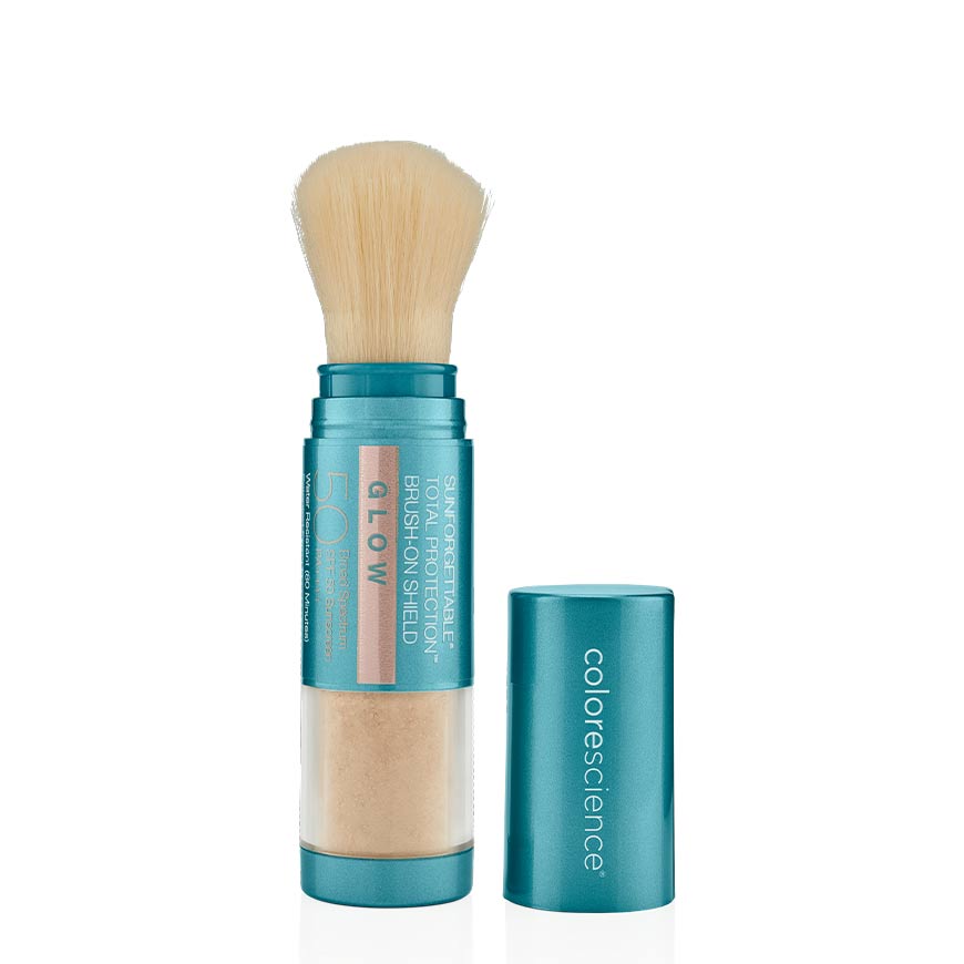Colorescience sunscreen stick with brush with blue colour and blue lid next to it
