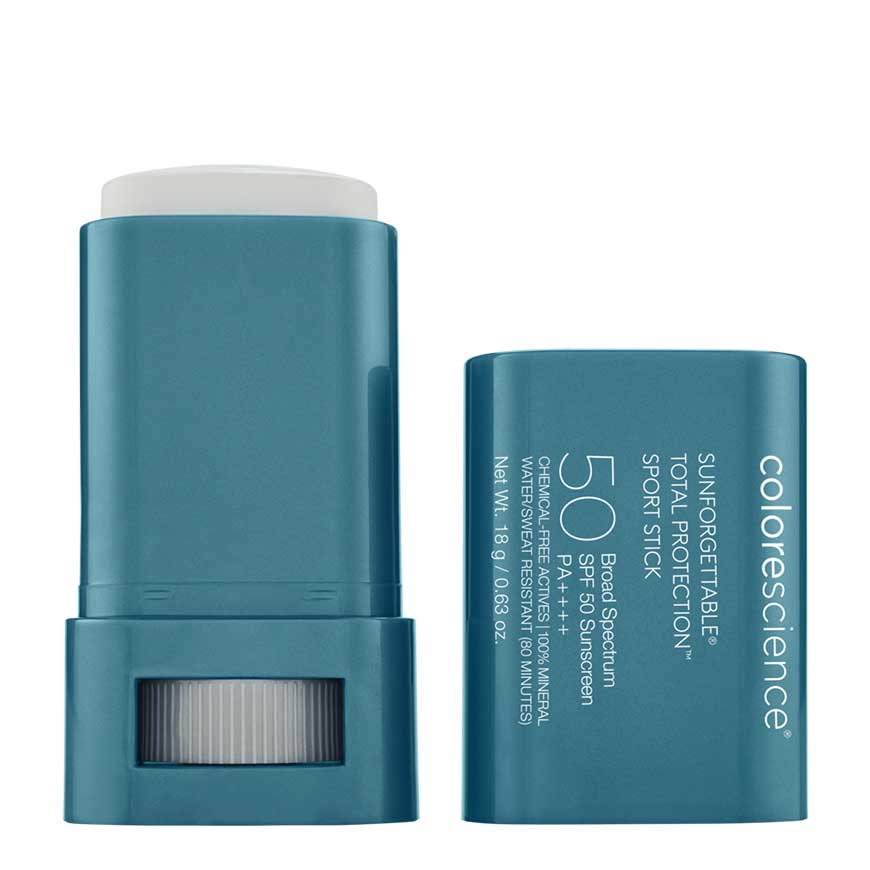 A blue COLORESCIENCE sunscreen stick with the label 'Sunforgettable Total Protection Sport Stick SPF 50' and 'EnviroScreen Technology' on it.