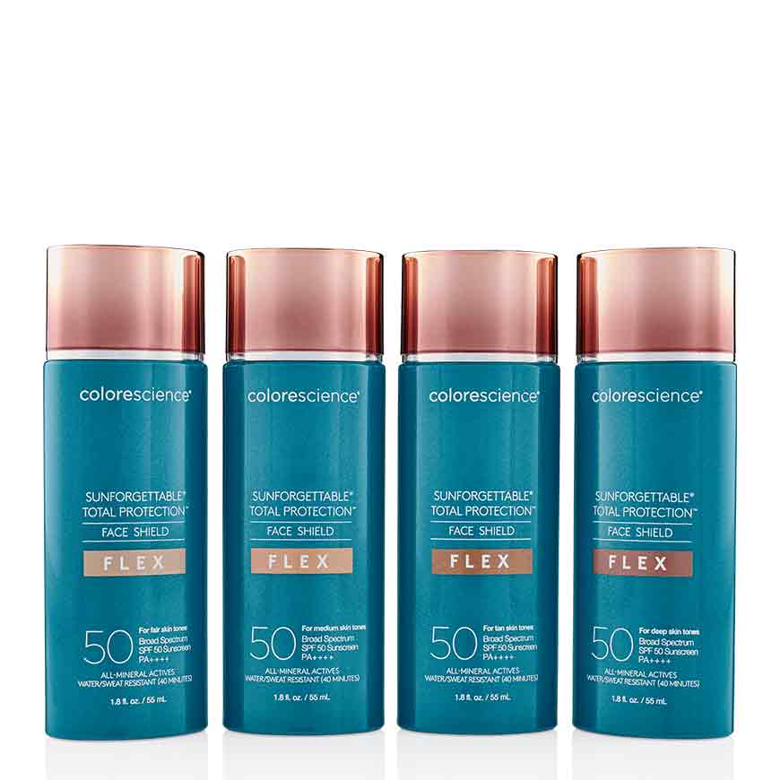 Four pump bottles of COLORESCIENCE Total Protection Face Shield SPF 50 Flex, displayed in a row with front and back views, indicating the product is a tinted sunscreen with a flex pump design.