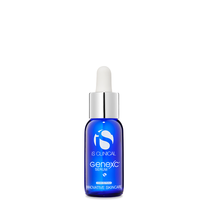 A blue bottle with a white dropper labeled 'GeneXC Serum' from iS Clinical.