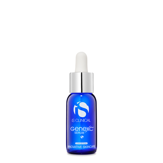 A blue bottle with a white dropper labeled 'GeneXC Serum' from iS Clinical.