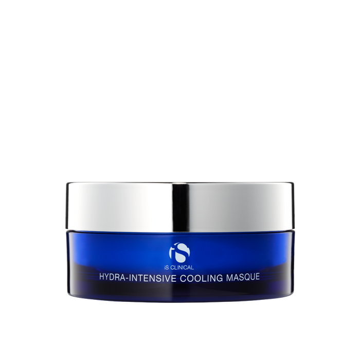 A blue jar with a silver lid labeled 'Hydra-Intensive Cooling Masque 120g' from the brand iS Clinical.