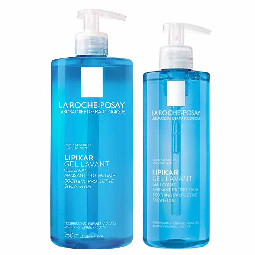 Two bottles of LA ROCHE-POSAY Lipikar Gel Lavant shower gel, one with a 400 ml size and another with a 750 ml size, both with pump dispensers.