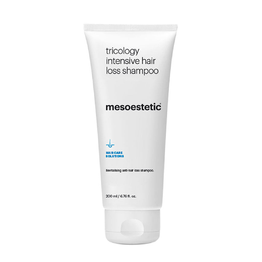 A tube of Mesoestetic Tricology Intensive Hair Loss Shampoo, 200ml.