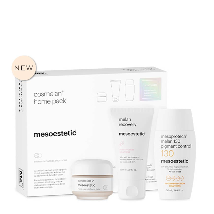Mesoestetic skincare home pack with various products on a white background