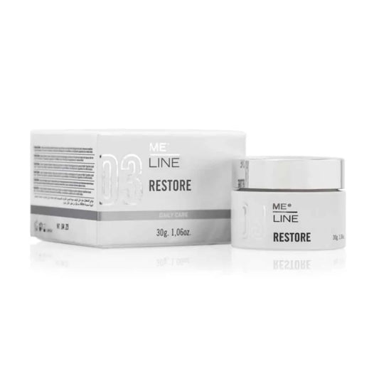 Jar of Meline Restore with silver lid and white jar next to white and silver box