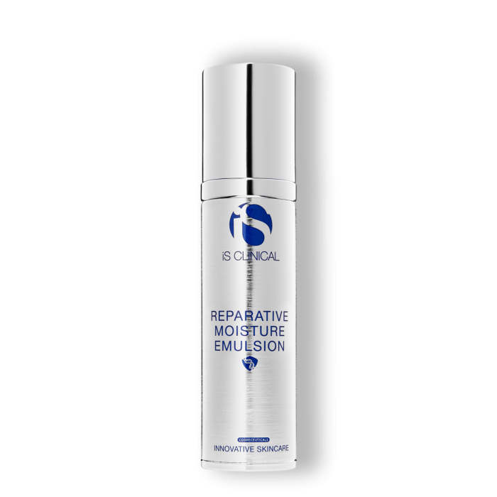 A bottle of IS Clinical Reparative Moisture Emulsion, a skincare product designed to hydrate and smooth the skin.