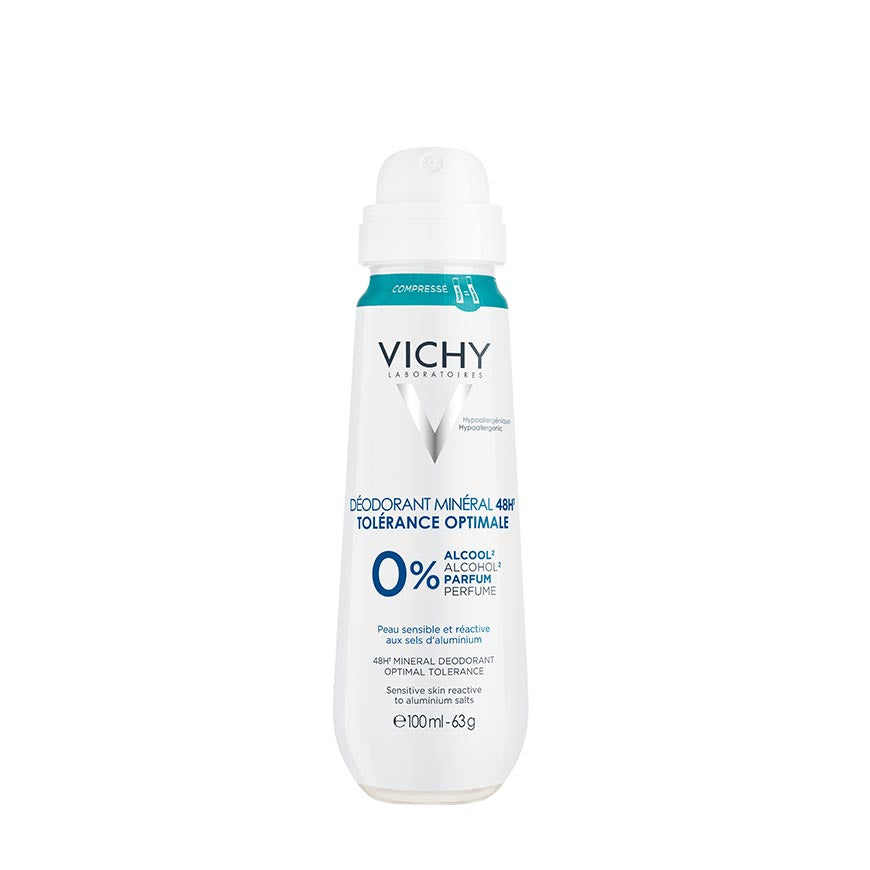 A bottle of VICHY 48HR ANTI-PERSPIRANT MINERALOPTIMAL TOLERANCE DEO with eco-compressed packaging, labeled for sensitive skin.