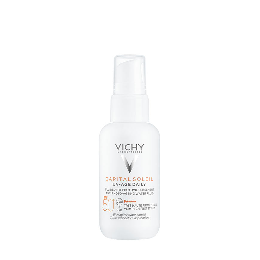 A pump bottle of VICHY CAPITAL SOLEIL UV AGE Daily high protection facial sunscreen with SPF50+, labeled in white and orange colors.