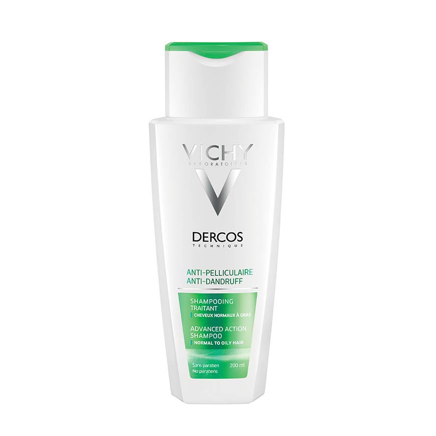 A bottle of VICHY DERCOS Anti-Dandruff Shampoo for greasy hair.