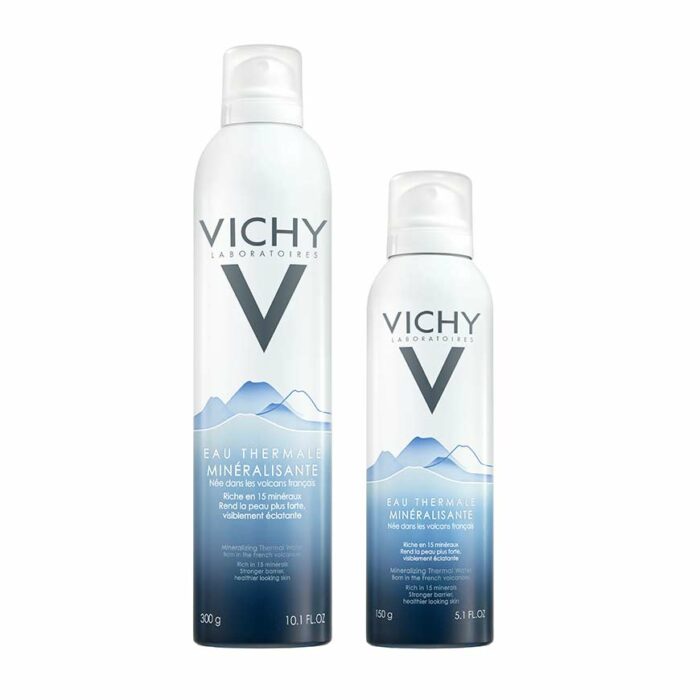 Two bottles of Vichy Eau Thermale Thermal Spa Water, one is 150g and the other is 300g, both with a blue design representing minerals.