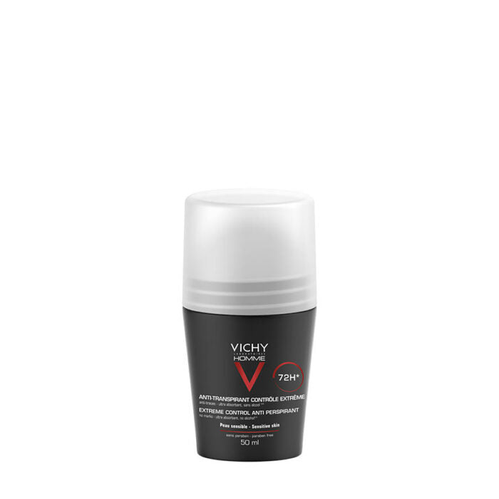 A stick of VICHY HOMME 72HR ANTI-PERSPIRANT DEODORANT- extreme control, packaged in a white and black cylindrical bottle.