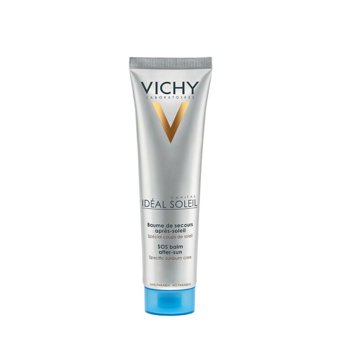 Tube of VICHY IDEAL SOLEIL AFTER SUN SOS BALM placed against a white background.