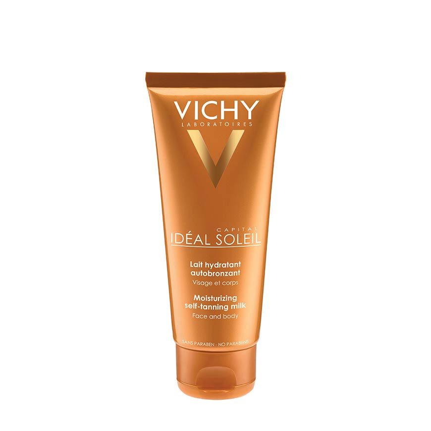 A tube of VICHY IDEAL SOLEIL SELF TANNER FACE & BODY with a orange color scheme and branding prominently displayed.