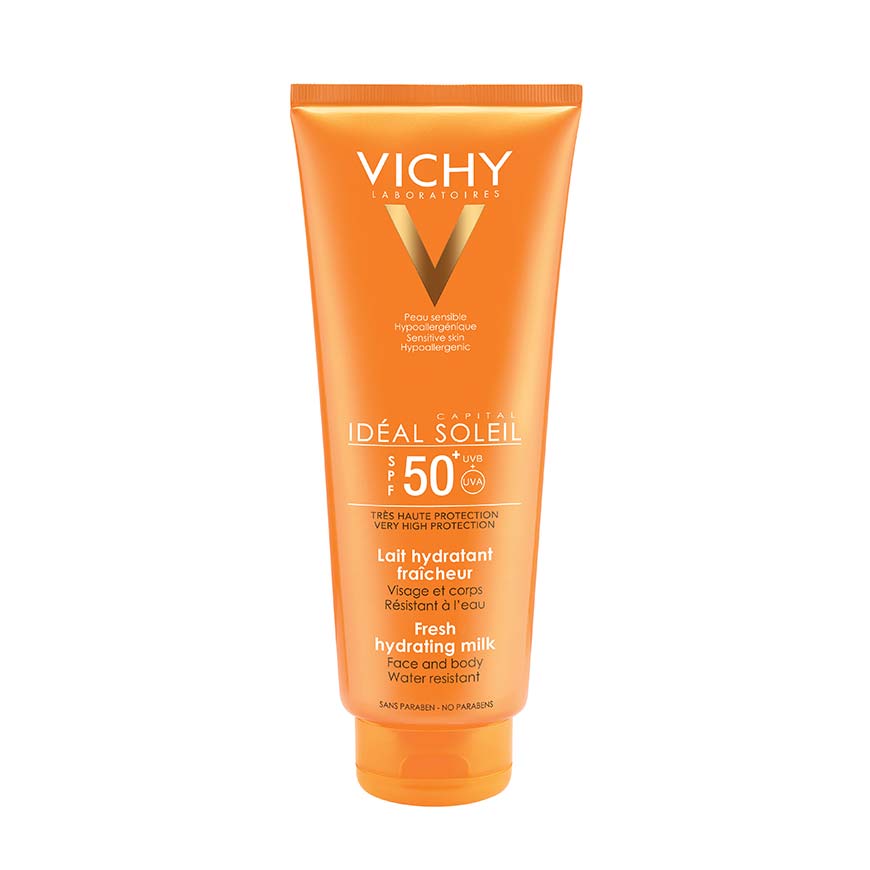 A tube of VICHY IDEAL SOLEIL SPF50+ MILK, family milk sunscreen for sensitive skin, with a non-greasy texture enriched with Hyaluronic Acid.