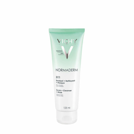 A tube of VICHY NORMADERM 3 in 1 E/L cleanser, exfoliator, and mask for oily skin with acne, 125ml size.