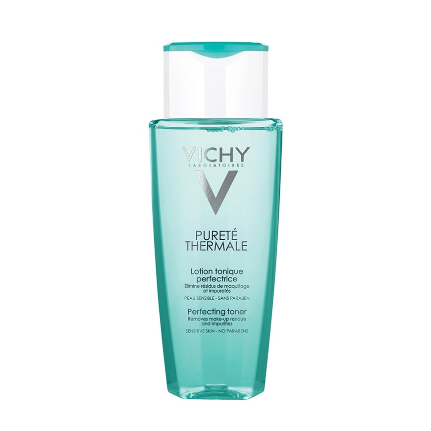 A clear bottle with a turquoise label, containing VICHY Purete Thermale Perfecting Toner.