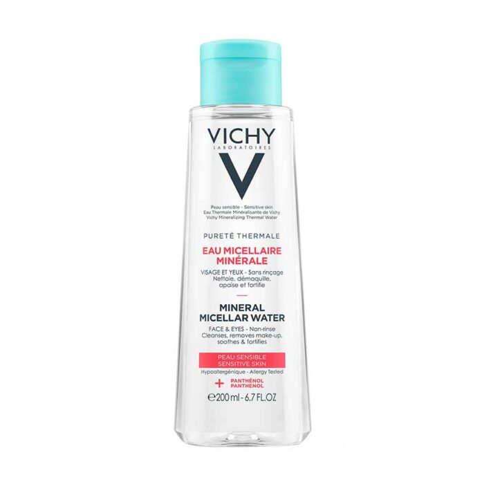 A transparent plastic bottle with a turquoise cap, labeled VICHY PURETE THERMALE SENSITIVE MICELLAR 3-IN-1 SOLUTION, with text indicating it is a micellar water for sensitive skin, 200ml in size.