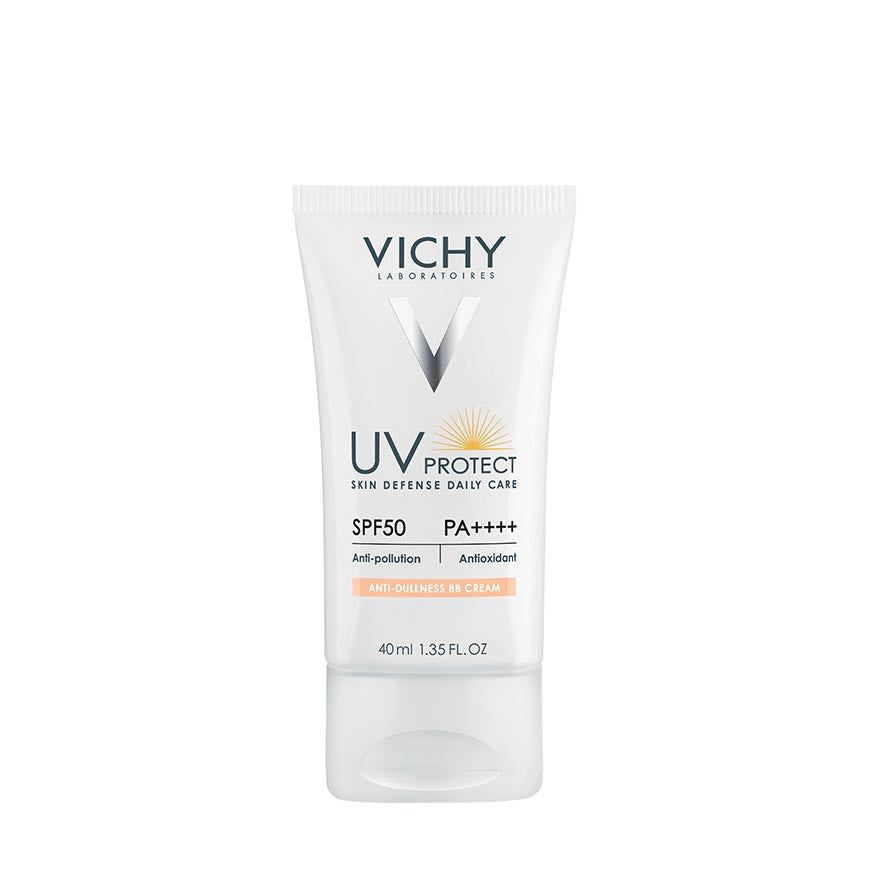 A tube of VICHY UV PROTECT BB Cream with SPF50. The packaging is white with product information and branding.