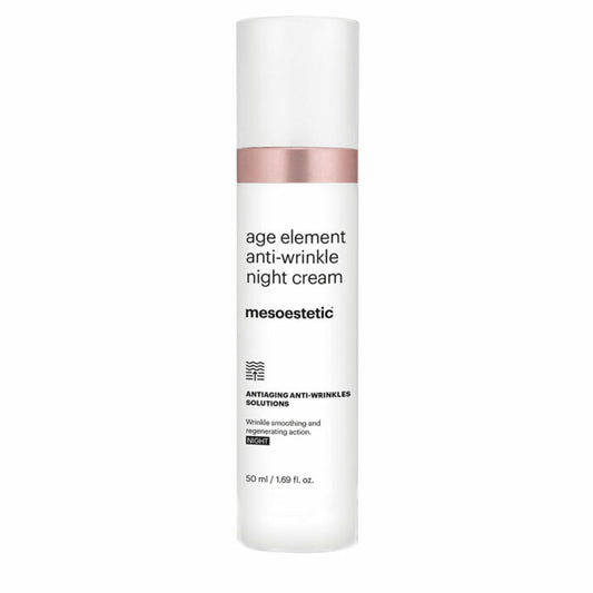 A pump bottle of Age Element Anti-Wrinkle Night Cream by Mesosetic, with a white and pink label, indicating its anti-aging properties.