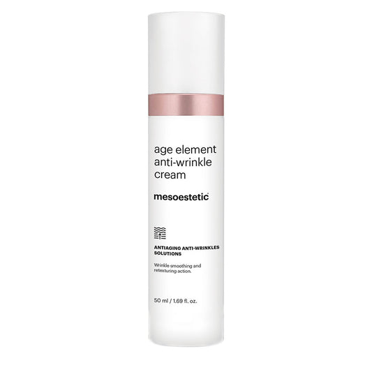 A pump bottle of Age Element Anti-Wrinkle Cream by Mesos Cosmetics, with the product description and ingredients listed on the label.