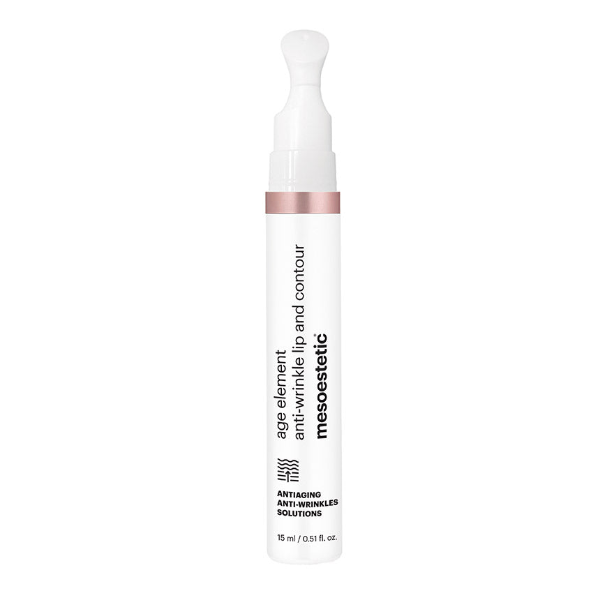 A white and rose gold dispenser with a ceramic applicator designed for lip contouring, labeled as an anti-wrinkle product.