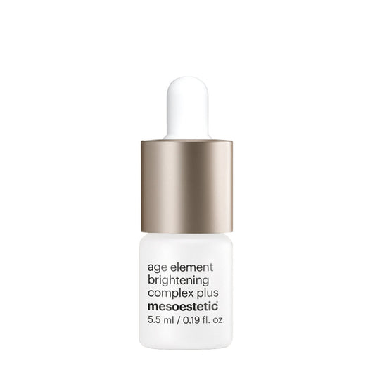 A bottle of Mesoestetic Age Element Brightening Complex Plus with a white label and a capacity of 5.5ml.