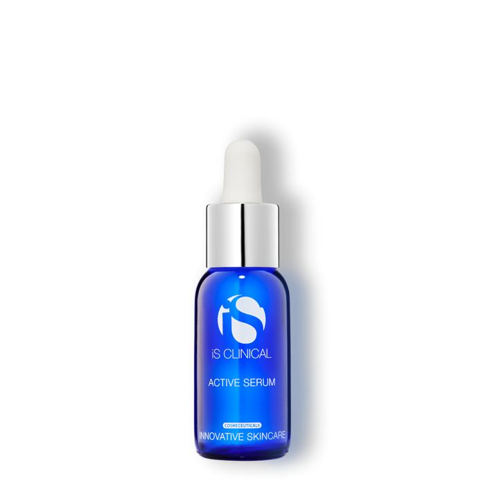 A blue bottle with a white dropper labeled 'iS Clinical Active Serum' for skincare.