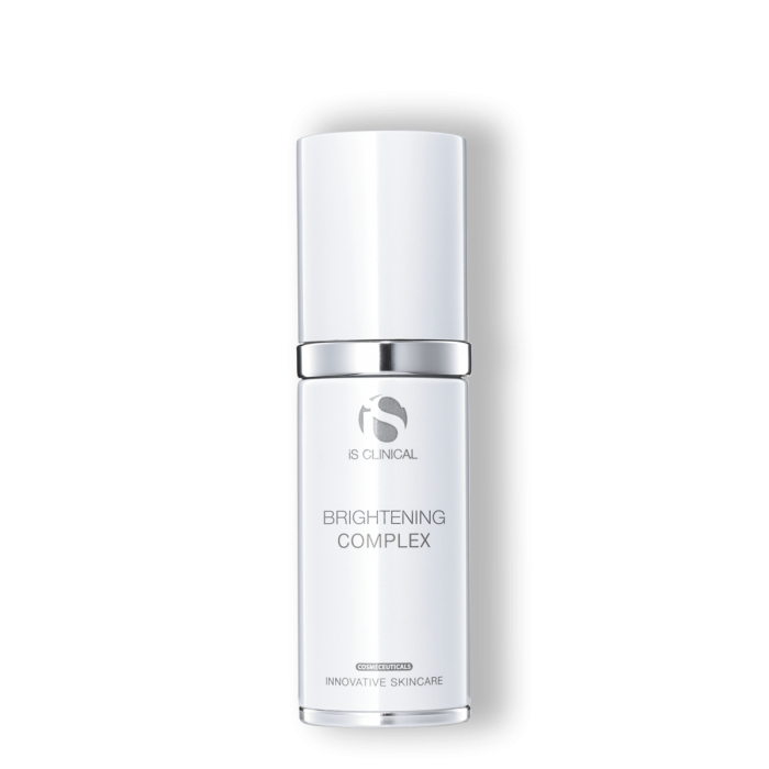 A white bottle with a pump dispenser labeled 'Brightening Complex' from iS Clinical.