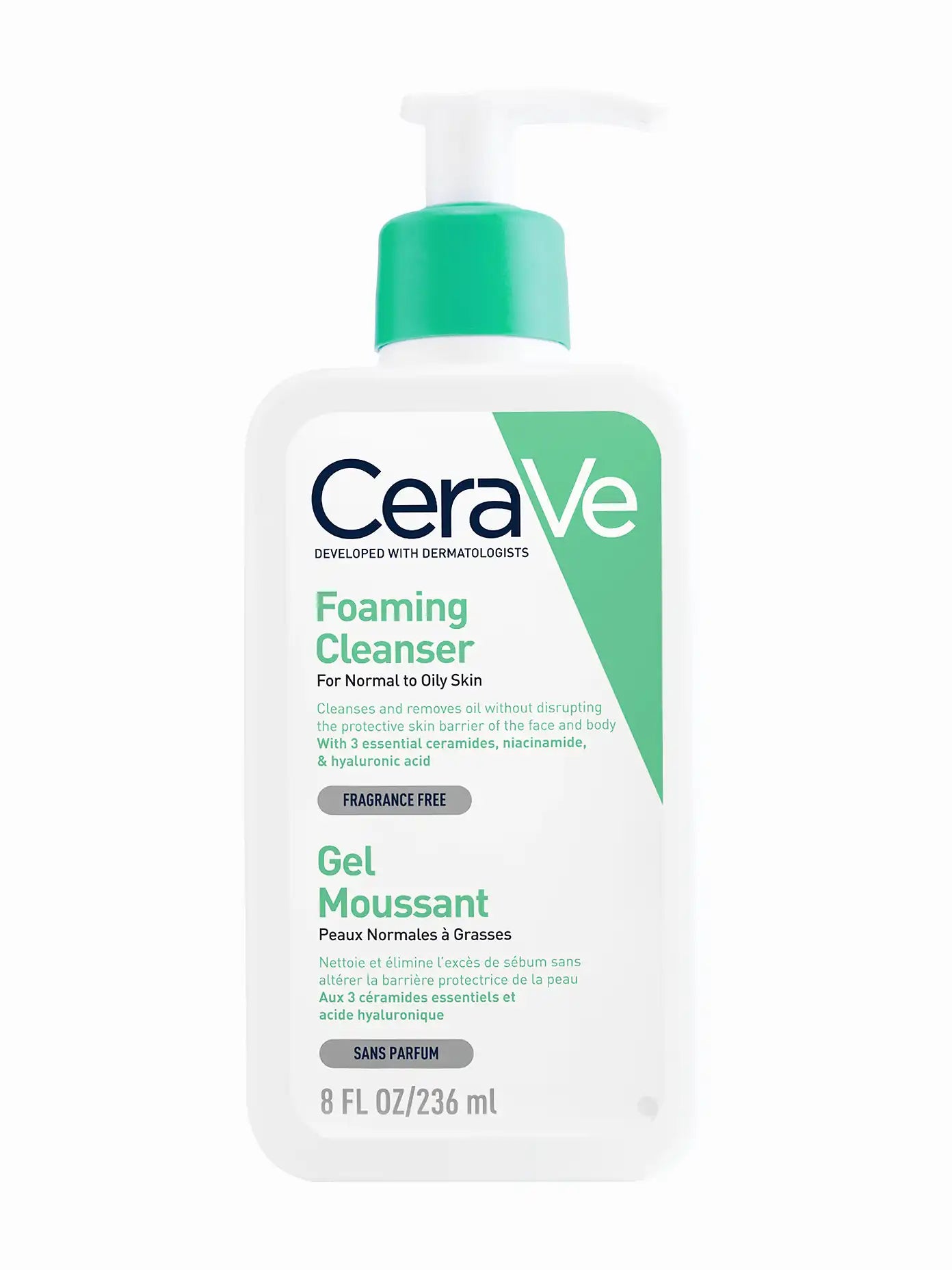 A pump bottle of CeraVe Foaming Cleanser with green and white packaging.