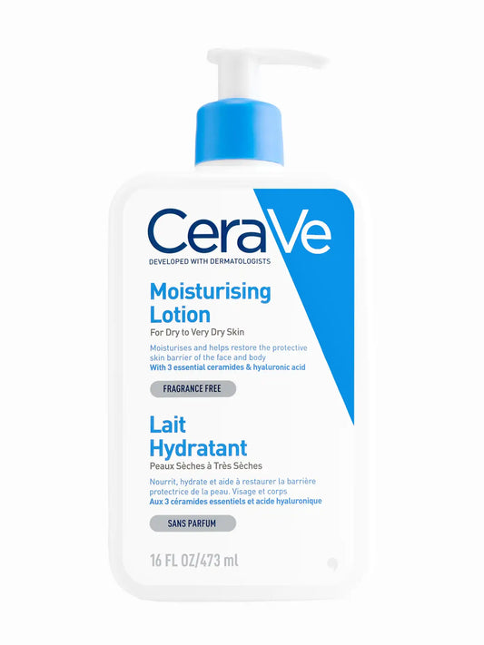CeraVe Moisturising Lotion packaging bottle with a pump dispenser, labeled for normal to dry skin, with hyaluronic acid.