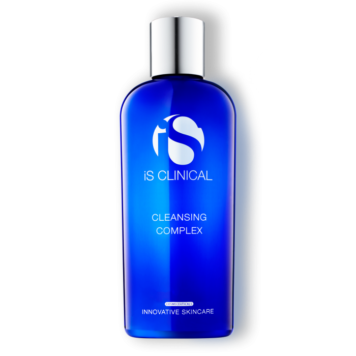 A blue bottle of 'Cleansing Complex' by Is Clinical, with text indicating it is a cleansing gel for the skin.
