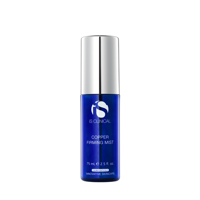 A blue bottle of Copper Firming Mist by iS Clinical designed for skincare.