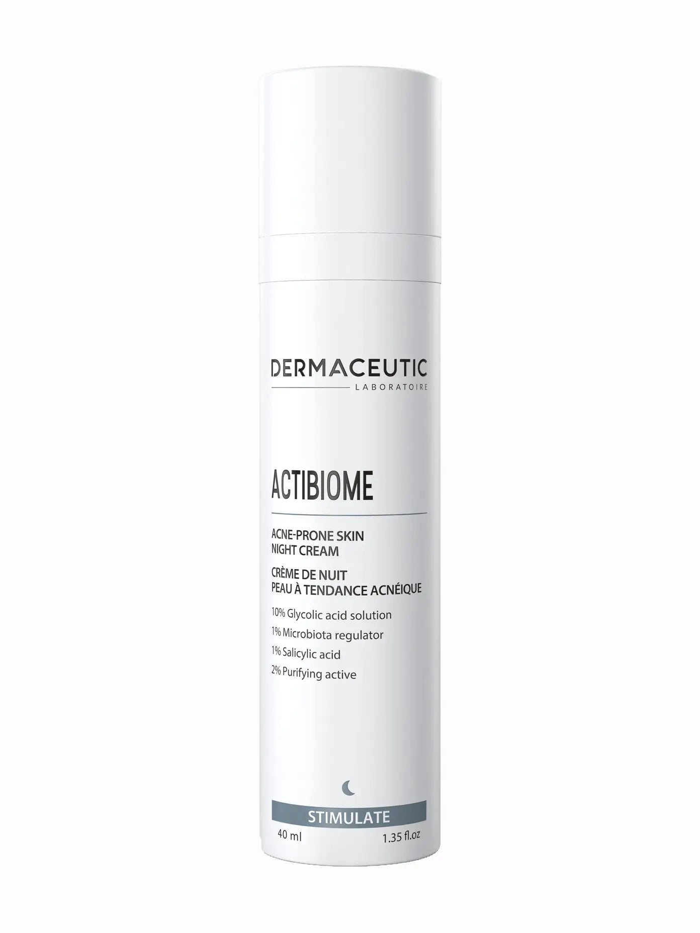 A white bottle with a pump dispenser labeled 'ACTIBIOOME' by Dermaceutic, containing 40ml of face cream.