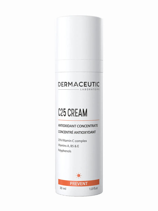 A white tube packaging of Dermaceutic C25 Cream with product details and branding on it.