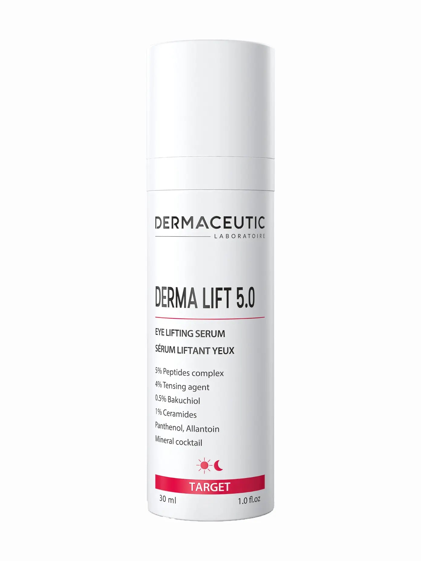 A bottle of Dermaceutic Dermalift5.0 Serum with a white label and red accents on a plain background.