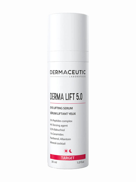A bottle of Dermaceutic Dermalift5.0 Serum with a white label and red accents on a plain background.