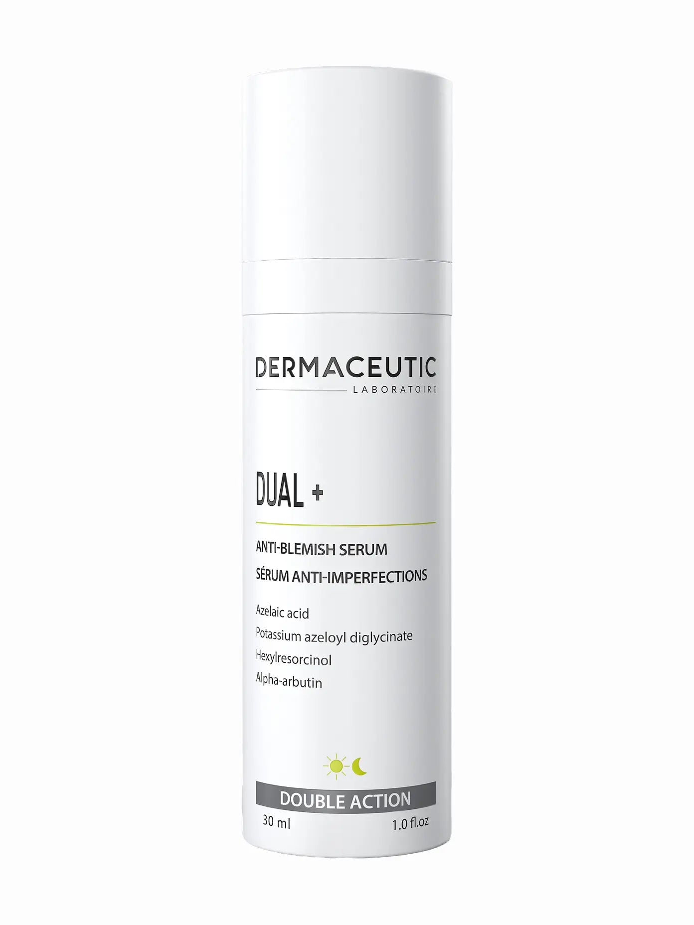 A white bottle with a pump dispenser labeled 'DERMACEUTIC DUAL+' Anti-Blemish Serum, designed for clearer and more uniform complexion.