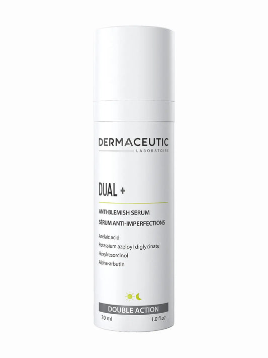 A white bottle with a pump dispenser labeled 'DERMACEUTIC DUAL+' Anti-Blemish Serum, designed for clearer and more uniform complexion.
