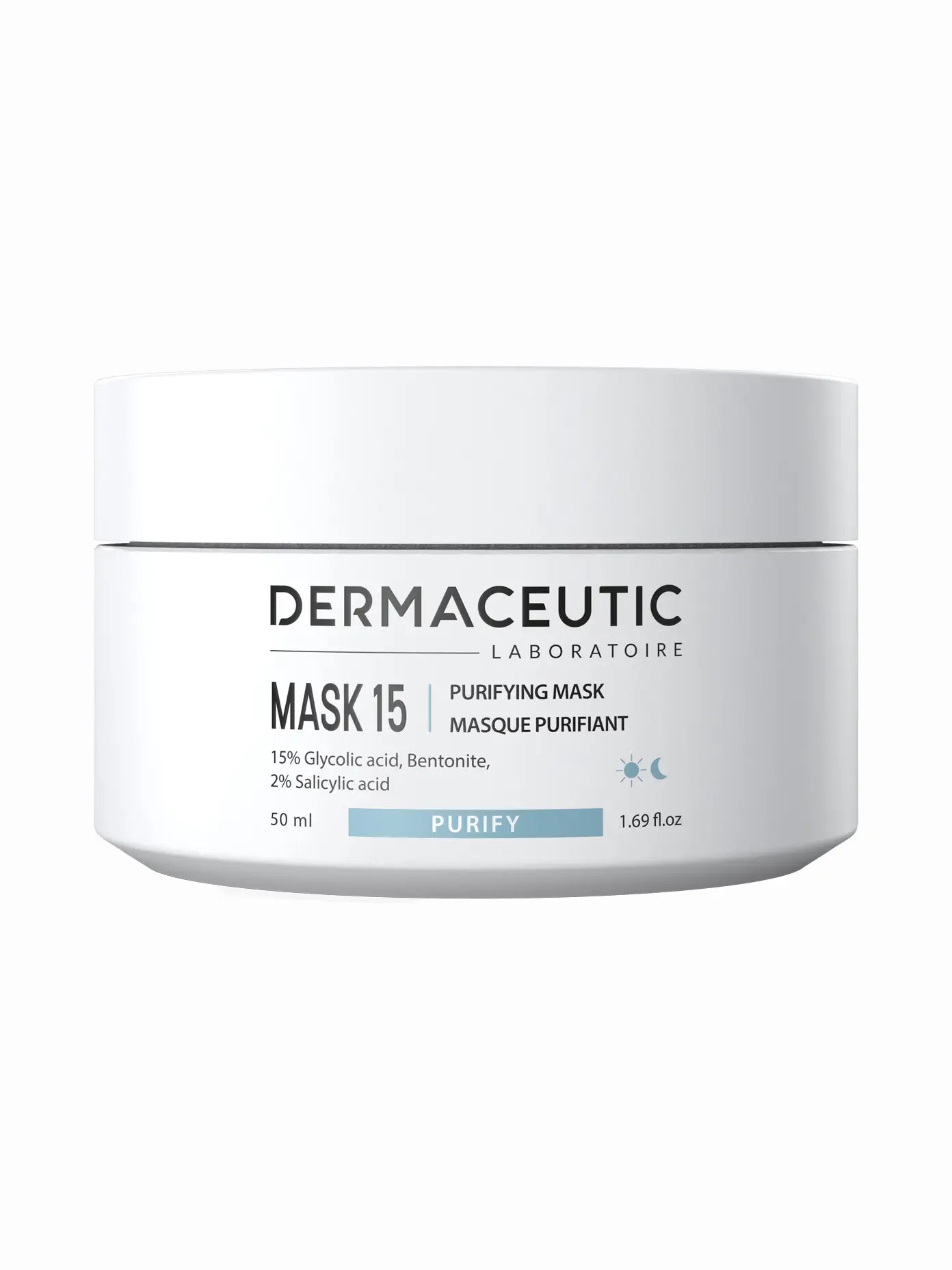 A white jar of Dermaceutic Mask 15 with blue and green labeling text, indicating it is a purifying mask for the face.