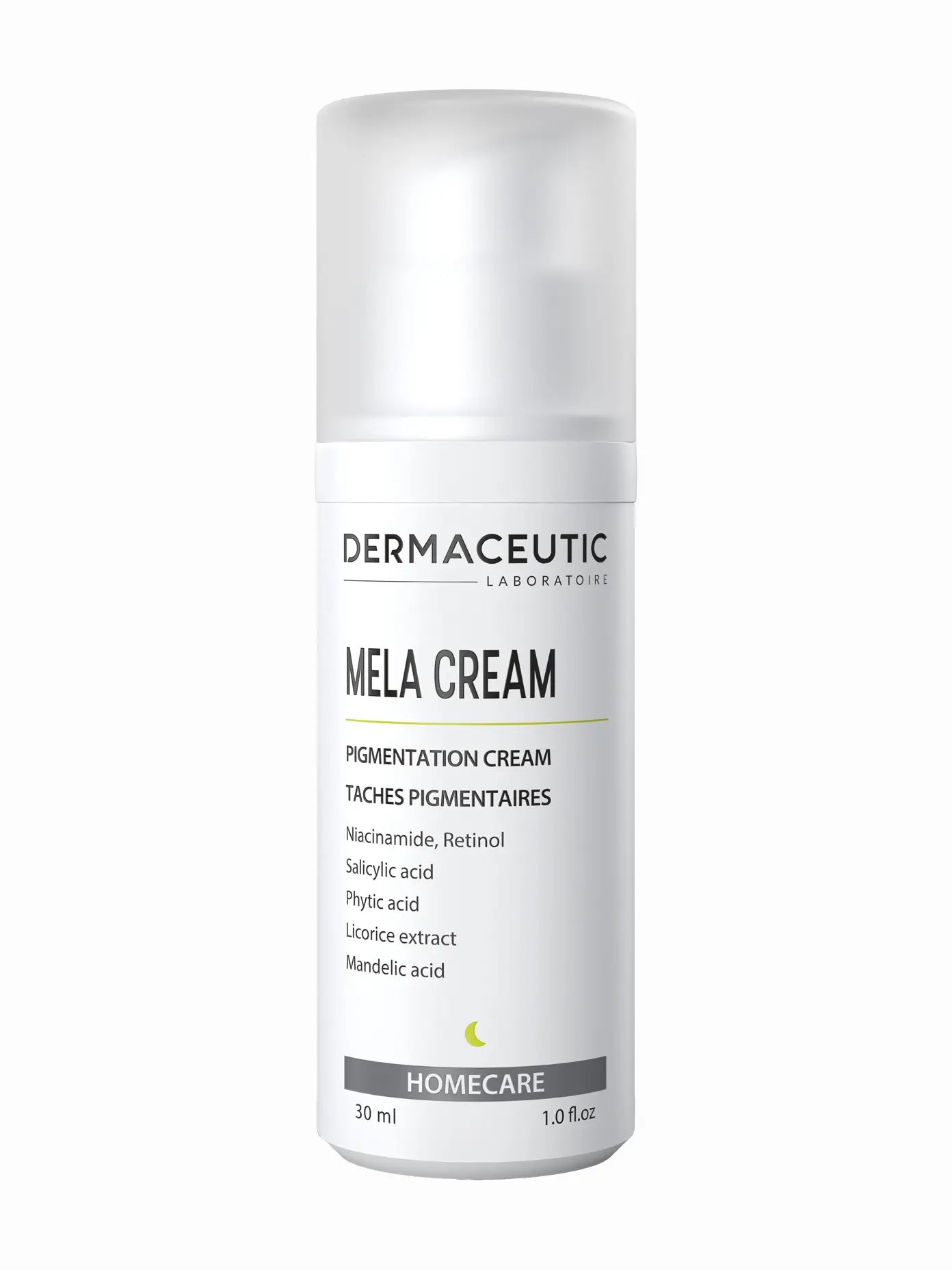 A tube of Dermaceutic Mela Cream, which is a pigmentation cream for the skin.