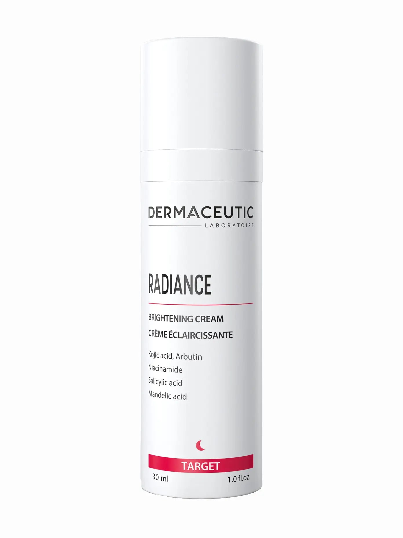A bottle of Dermaceutic Radiance brightening cream with a white label and red accents.
