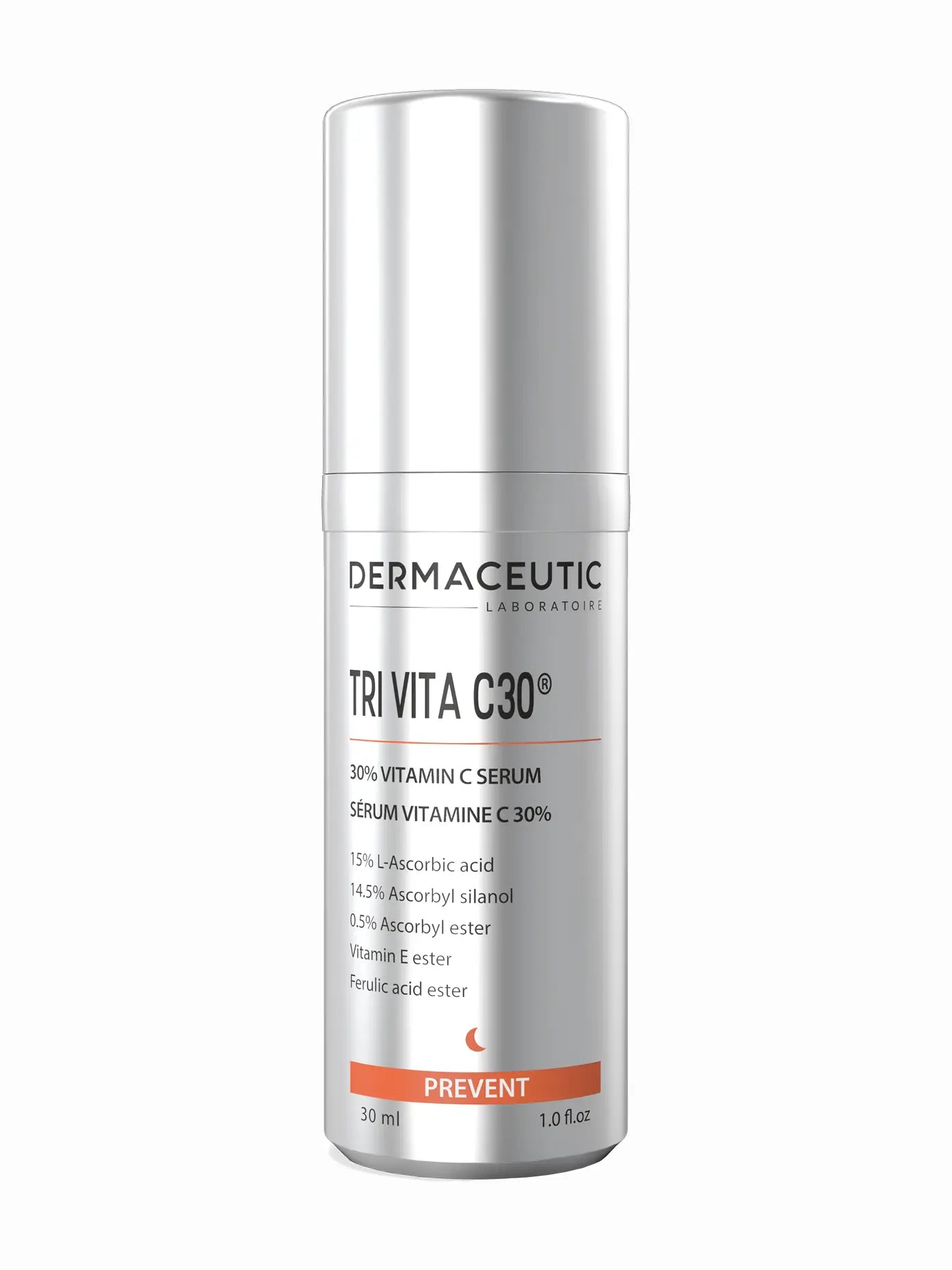A bottle of Dermaceutic Tri Vita C30 serum, which is a skincare product containing Vitamin C for antioxidant protection.