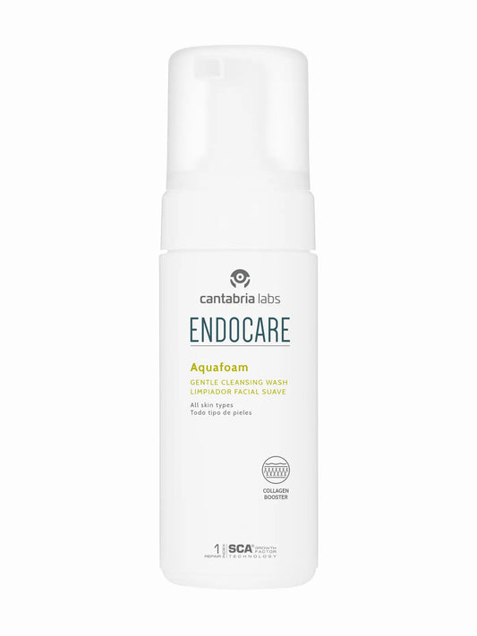 A white pump bottle labeled 'Endocare Aquafoam' against a plain background.