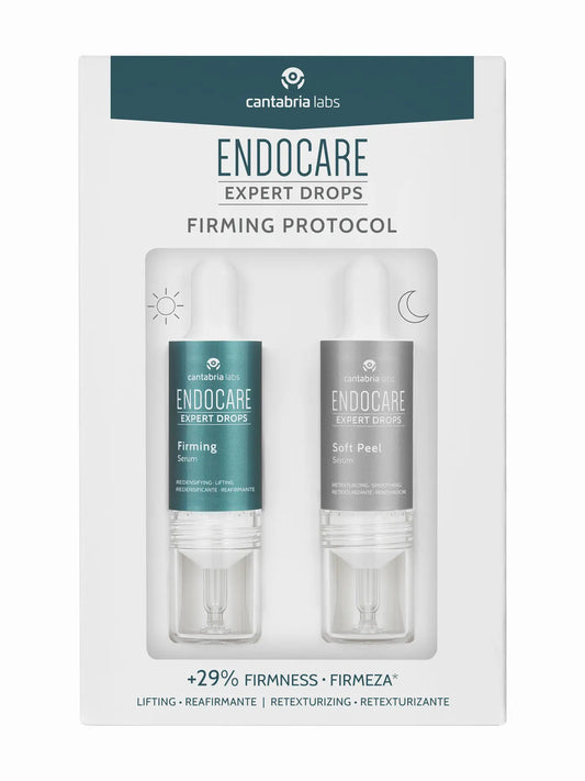 Packaging for Endocare Expert Drops Firming Protocol, containing two bottles of serum, one labeled as 'FIRMING' and the other as 'SOFT PEEL', with a white and teal design.