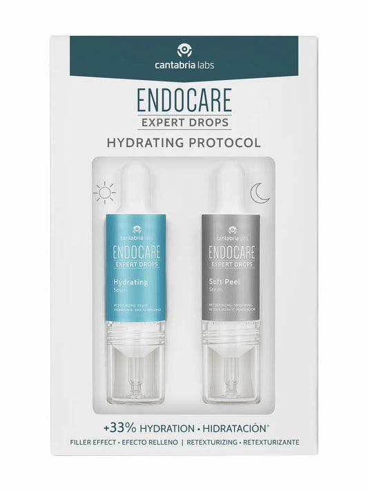 Packaging for Endocare Expert Drops Hydrating Protocol, featuring two bottles labeled as Hydrating Serum and Soft Peel Serum, with a white background and blue text.