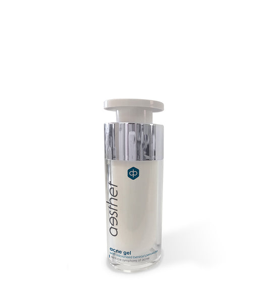 Aesthet acne gel with white lid in clear container