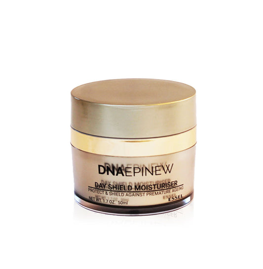 A jar of Essel DNA-EPINEW Day Cream with a gold lid on a white background.