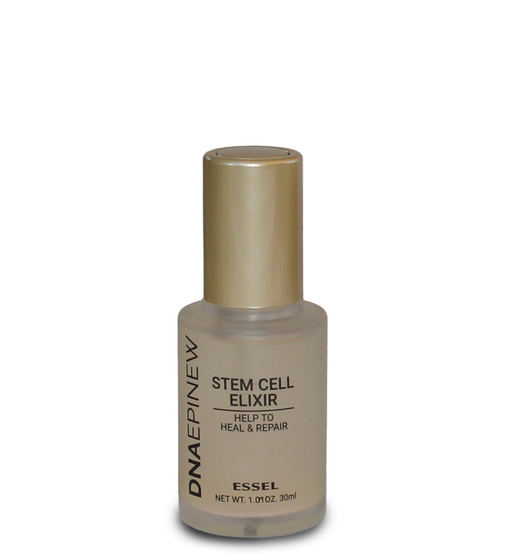 A clear glass bottle with a gold-colored cap labeled 'DNA-EPINEW STEM CELL ELIXIR' from the brand ESSEYEL.